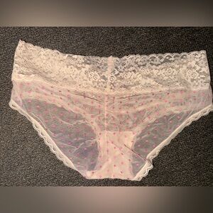 Aerie Nude Beige Sheer Lace Panties with Pink Polka Dots Mesh Scrunchy butt